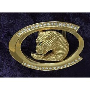 Rare Leopard Jaguar Wildcat Panther Belt Buckle Gold Tone Rhinestones Green Eye